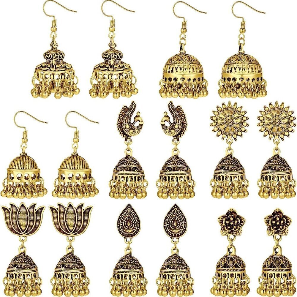 8 Pairs Silver Metal Jhumka Indian Earrings Boho Dangle Party Gift